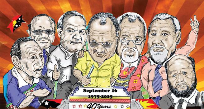 POM-73a-YU-TOK-PC-15-9-15.jpg - "We are 40". Past and present Prime Ministers of PNG (from left: Sir Julius Chan, Sir Rabbie Namaliu,  the late Sir Bill Skate, Peter O´Neill, Sir Michael Somare, Sir Mekere Morauta and Paias Wingti). Cartoon on the occasion of the 40th anniversary of independence (PNG Post-Courier, Yu tok, 15 September 2015)