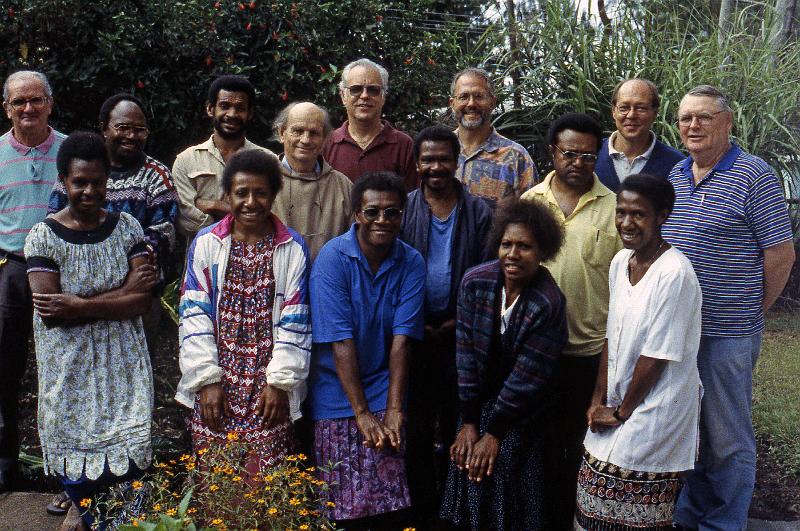 PNG3-27-Seib-1998.jpg - Staff of the Melanesian Institute in 1998; Researchers (from left): Franco Zocca, William Longgar, Br. Andrew (4th from left), Nick de Groot (Director), the late Simeon Namunu, Michael Rynkiewich, James Siep, Roland Seib (© Roland Seib)