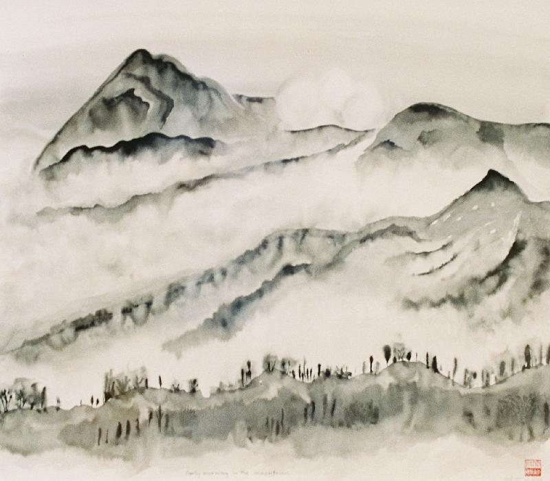 Kunst-12-Seib-Dittrich.JPG - “Early morning in the mountains”, Gudrun Dittrich, Goroka 1998, chinese ink, w 64 × h 56 (Photo by Roland Seib)