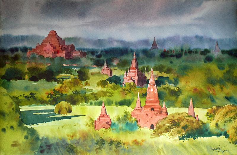 Seib-2010-Kunst-04-Oo.jpg - Bagan, Myanmar, Myint Oo, Yangon 2013, watercolor, w 56 × h 37 (Photo by Roland Seib)