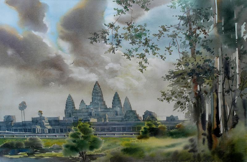 Seib-2010-Kunst-04-unknown.jpg - Angkor Wat, Cambodia, unknown artist, Siem Reap 2002, watercolor, w 55 × h 37 (© Roland Seib)